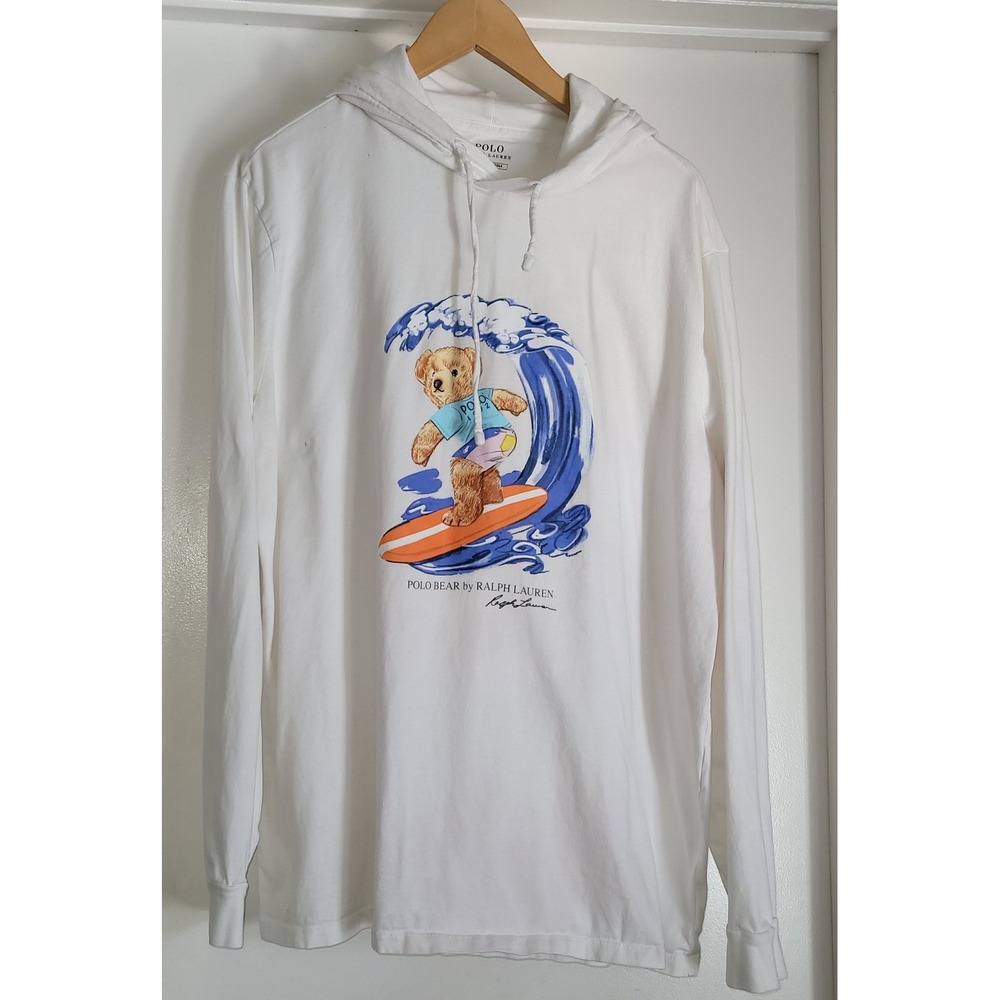 Polo Ralph Lauren Men's Hoodie XL Casual White Cotton Polo Bear Surfing